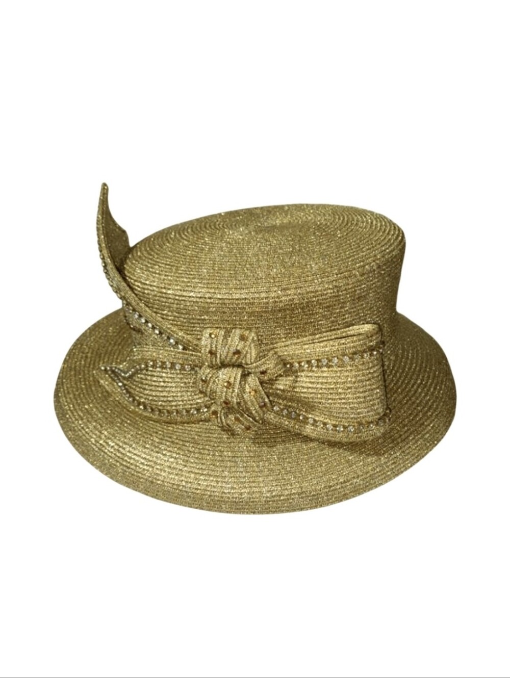 Deborah Fashions Gold Metallic Dress Hat with Rhinestone Bow